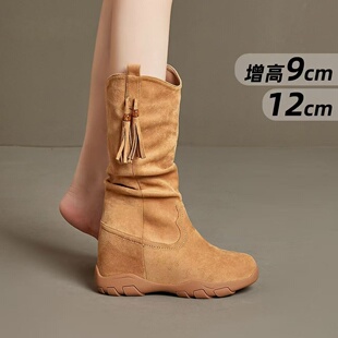 内增高马丁靴女10cm高筒靴2025新款时尚弹力靴高跟堆堆靴厚底短靴