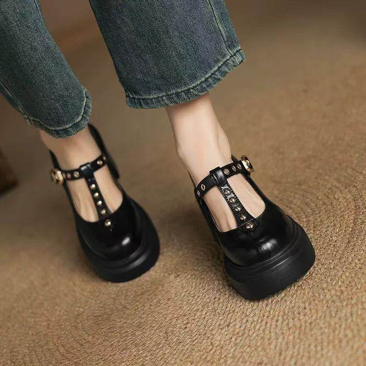 增高10cm厚底米白色铆钉T字带单鞋女软皮高跟鞋粗跟百搭玛丽珍鞋,女鞋,玛丽珍鞋,淘宝优惠券,粉丝福利购,淘宝优惠卷