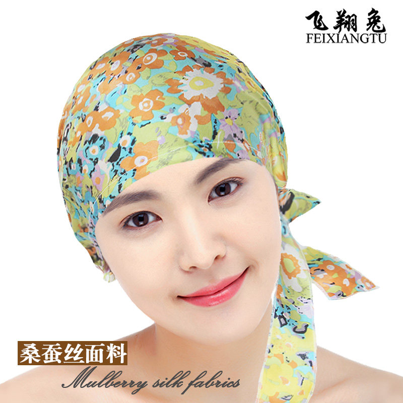 真丝睡帽保暖睡觉春夏薄遮白发女化疗包头套头巾光头家居厚月子帽