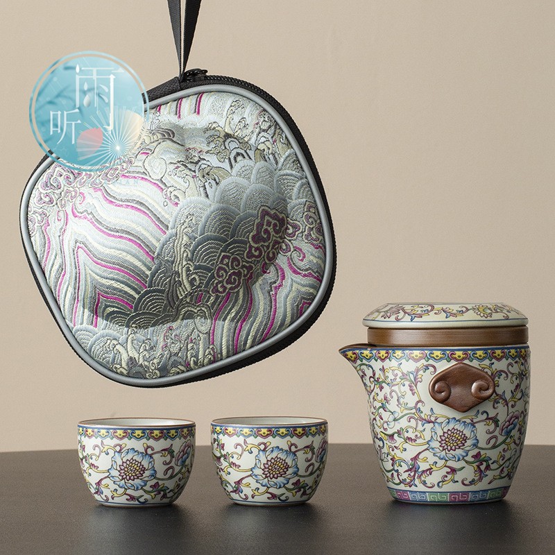 汝窑缠枝莲一壶二杯快客杯户外露营便携式旅行茶具茶水分离泡茶杯