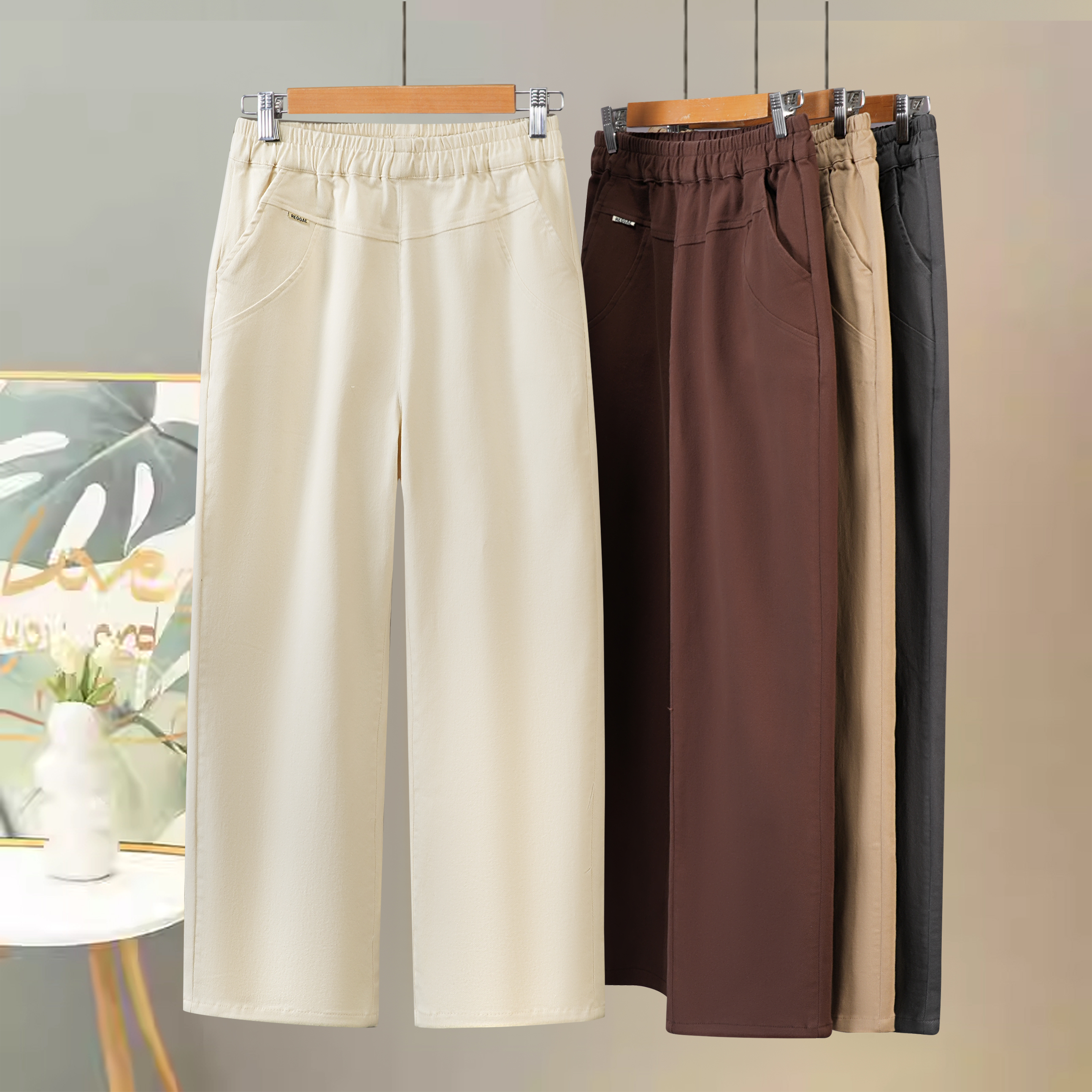 妈妈装全棉松紧腰直筒裤