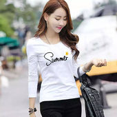 修身 t恤女百搭韩版 打底字母印花保暖上衣女潮 不加绒棉质长袖 加绒