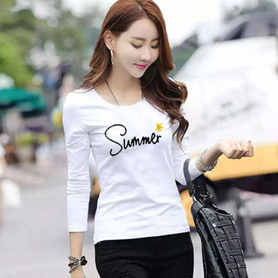 加绒/不加绒棉质长袖t恤女百搭韩版修身打底字母印花保暖上衣女潮