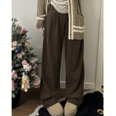 秋冬胖妹妹mm宽松显瘦加厚直筒长裤 棕色灯芯绒休闲阔腿裤 女大码 子