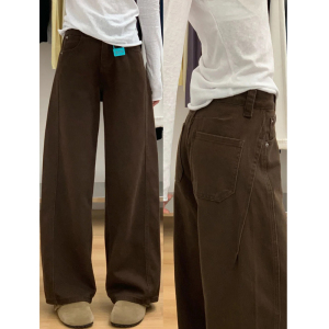 咖色直筒牛仔裤女大码秋冬2025新款胖妹妹宽松显瘦休闲弯刀阔腿裤