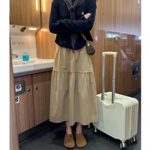 拼接花苞伞裙 胖mm显瘦中长款 卡其色a字半身裙女大码 春夏2026新款