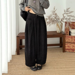灯芯绒波点九分休闲裤女大码秋冬新款胖mm宽松显瘦小个子直筒裤子