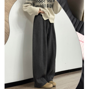胖妹妹mm宽松显瘦软糯弯刀阔腿裤 秋冬新款 子 女大码 加绒直筒休闲裤