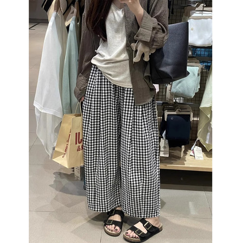 小个子九分格子哈伦裤女