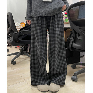 加绒格子休闲裤女大码秋冬2025新款胖妹妹mm宽松显瘦窄版阔腿裤子