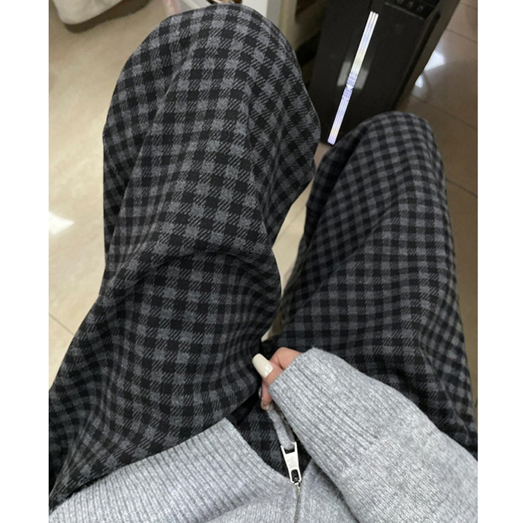 格子休闲直筒裤女大码秋冬