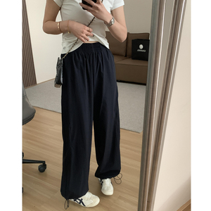 休闲运动速干阔腿裤女大码夏季薄款胖妹妹mm宽松显瘦束脚直筒裤子