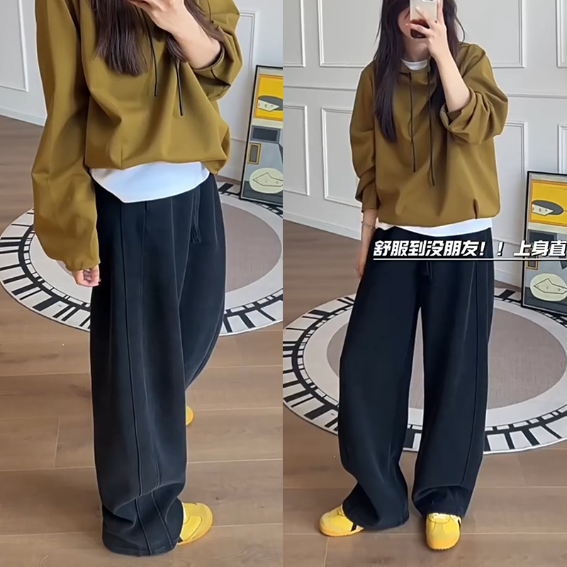 黑色休闲运动卫裤女大码秋季2025新款胖妹妹mm宽松显瘦直筒阔腿裤