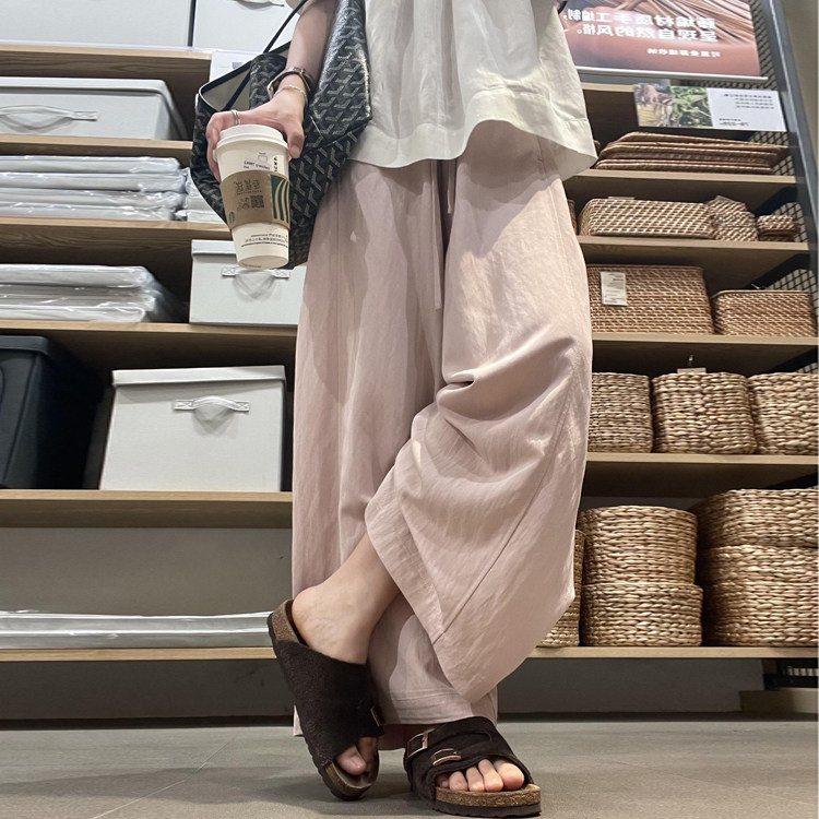 粉色九分休闲阔腿裤女大码夏季薄款胖妹妹mm宽松显瘦小个子直筒裤