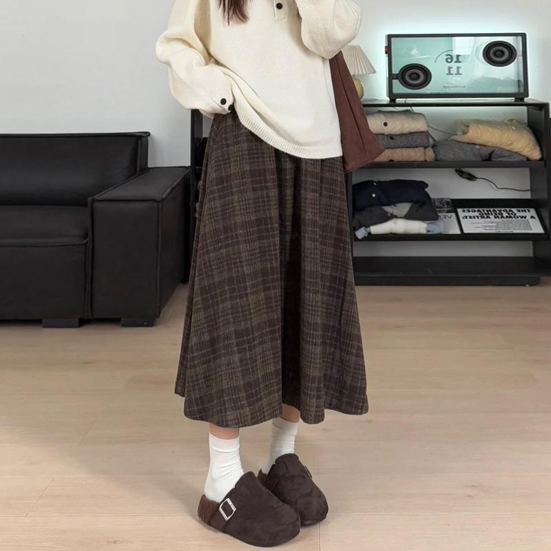 毛呢格子a字半身裙女秋冬