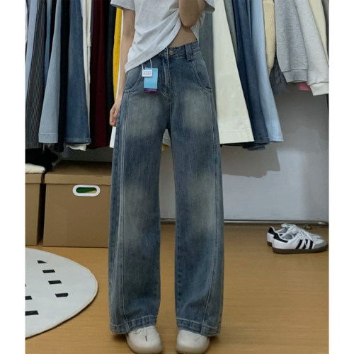 复古蓝色直筒牛仔裤女春季