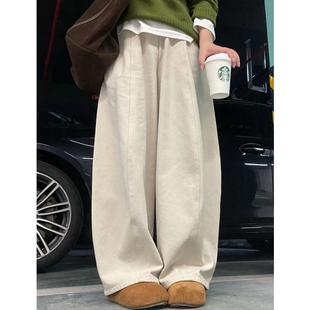 女大码 长裤 春季 胖妹妹宽松显瘦直筒工装 2026新款 米白色休闲阔腿裤