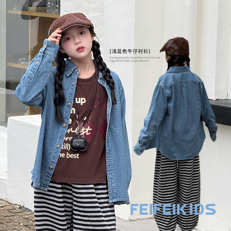 女童衬衫外套2025冬季新款清新落肩袖牛仔衬衫儿童超好看衬衫