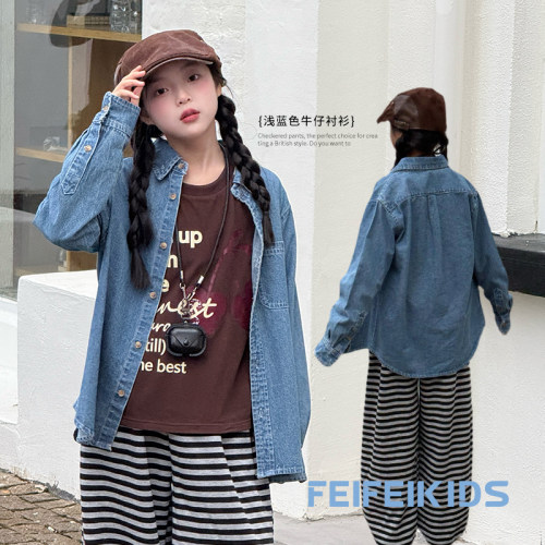 女童衬衫外套冬季新款清新落肩袖牛仔衬衫儿童超好看衬衫