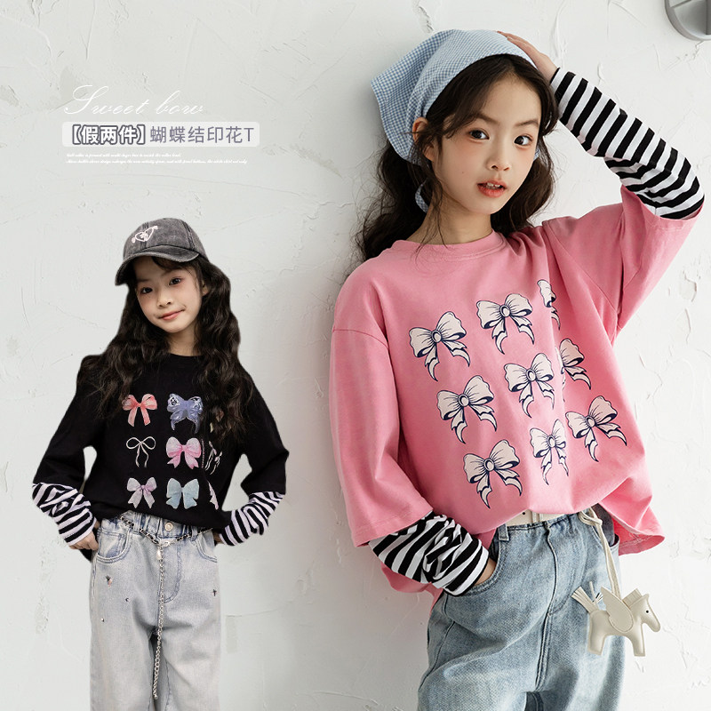 女童假两件长袖T恤春季2025新款儿童蝴蝶结印花条纹拼接童装上衣,童装/婴儿装/亲子装,T恤,淘宝优惠券,粉丝福利购,淘宝优惠卷