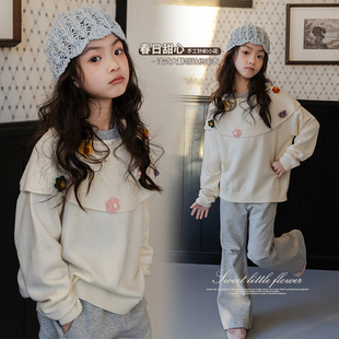 女童针织衫毛衣春季2025新款儿童洋气披肩拼接小花点缀童装上衣潮