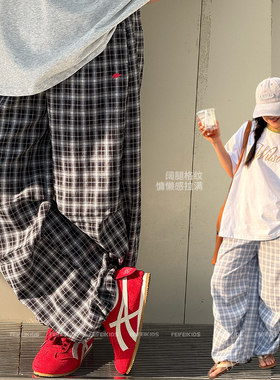 女童格纹阔腿长裤2026夏新款青少年宽松慵懒休闲裤中大童百搭长裤