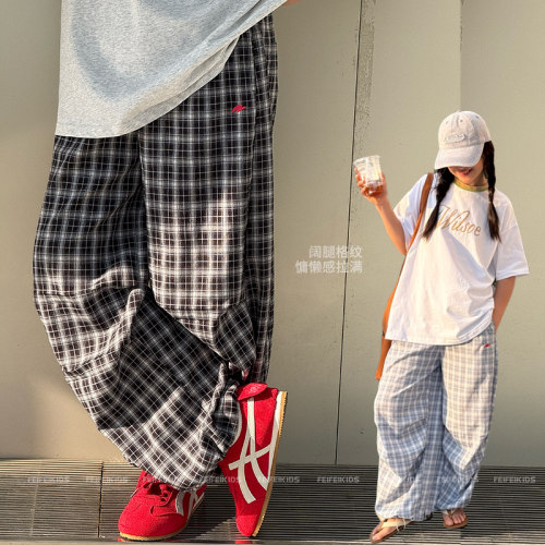 女童格纹阔腿长裤2026夏新款青少年宽松慵懒休闲裤中大童百搭长裤