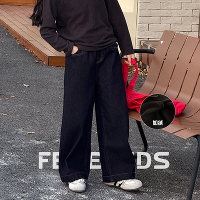 女童加绒牛仔裤2025冬新款原色牛仔直筒裤加绒加厚一条过冬