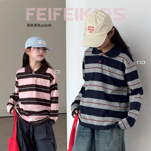 女童polo衫秋新款韩系学院感条纹Polo宽松落肩不挑人挺括不塌
