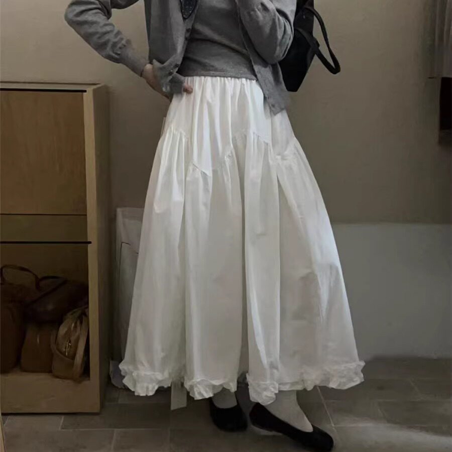 2024秋季白色荷叶边A字裙半身裙裙子女时尚显瘦松紧腰质感潮流韩