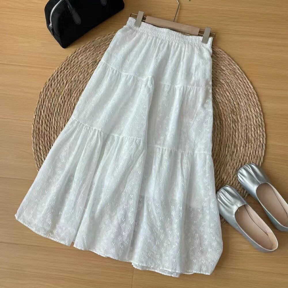2025春季白色蕾丝A字裙半身裙裙子女时尚显瘦松紧腰质感遮肉韩98