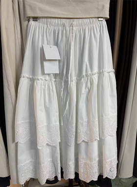 2026春季白色花边中裙时尚抽绳A字裙韩版质感松紧腰百搭欧货0199