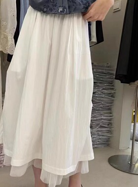 2025春季白色下摆纱A字裙半身裙中长裙潮流松紧腰宽松显瘦韩版352