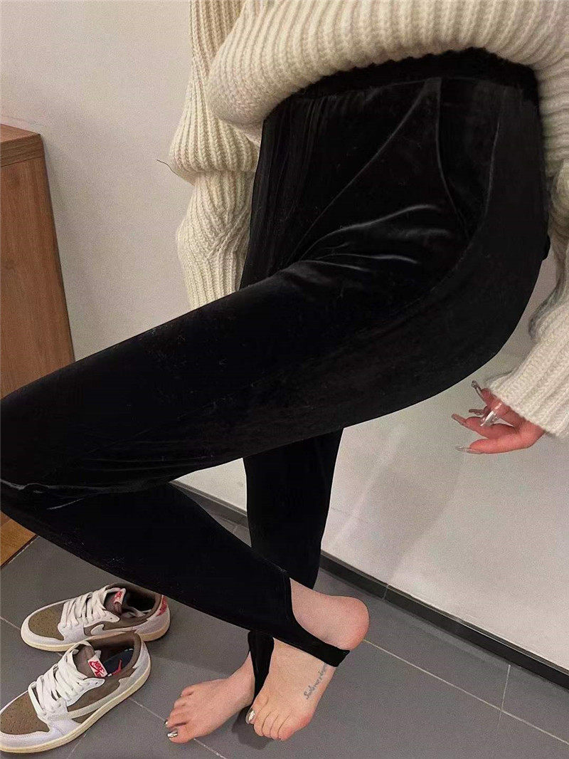2025春季新款韩版时髦洋气百搭黑色金丝绒显瘦踩脚裤网红打底裤女