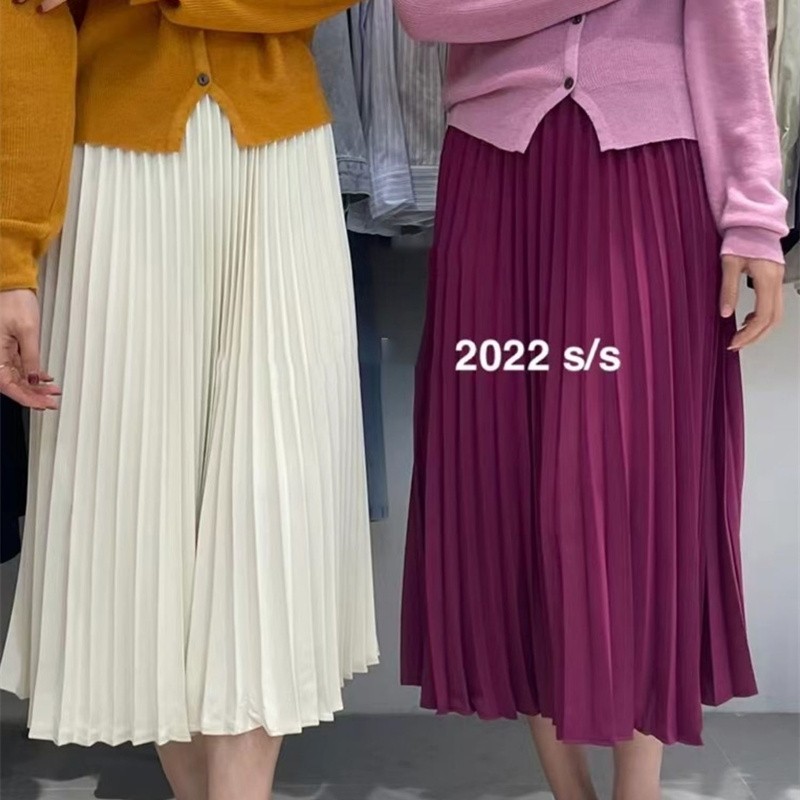 2025春季彩色百褶裙松紧腰高腰时尚韩版显瘦垂感百搭半身裙中长裙