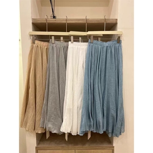 2025春彩色棉麻A字裙半身裙中长裙质感时尚 欧货百搭显瘦大摆裙140