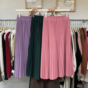 2024冬季厚款彩色百褶裙半身裙裙子女时尚显瘦欧货潮流百搭中长款
