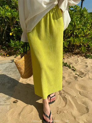 2025春季纯色直筒裙后开叉百搭潮女人味褶皱半身裙优雅中长款半裙