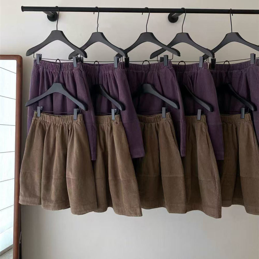 2025秋季纯色灯芯绒拼接伞裙时尚百搭质感遮肉中裙松紧腰显瘦0053