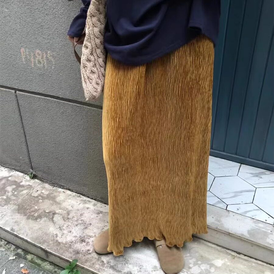 丝绒质感松紧腰褶皱直筒裙潮流
