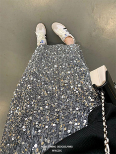 2023秋季 潮 丝绒彩色亮片中长裙半身裙裙子女高腰松紧腰直筒裙韩版