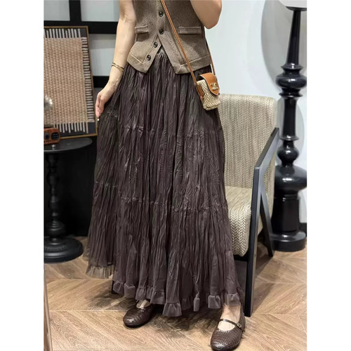 2025秋纯色仿真丝拼接扭折A字裙