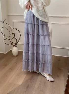 2026春季彩色荷叶边中长裙高腰欧货质感休闲遮肉A字裙蛋糕裙187