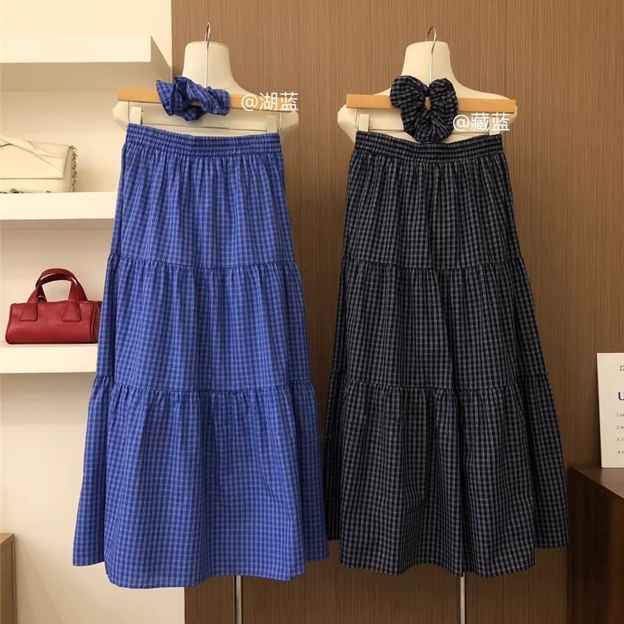 2025夏季蓝色黑色格子蛋糕裙