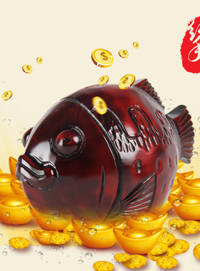 桃木雕刻工艺品现代中式家居门厅酒柜装饰摆件鱼储蓄罐结婚送礼品