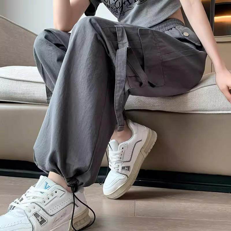 美式灰色多口袋工装裤女春秋薄款高腰宽松小个子休闲直筒束脚裤子,女装/女士精品,休闲裤,淘宝优惠券,粉丝福利购,淘宝优惠卷