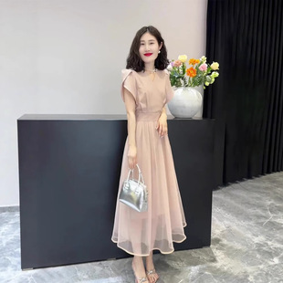 2025夏季 雪纺连衣裙子女 新款 轻奢高级感长裙气质名媛浅粉色短袖