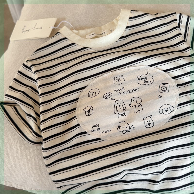 韩版儿童短袖2025夏季新品男女童条纹卡通圆领上衣宝宝可爱T恤潮