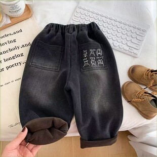 冬季儿童加绒牛仔裤黑色百搭男孩一体绒厚款长裤外穿休闲宝宝裤子