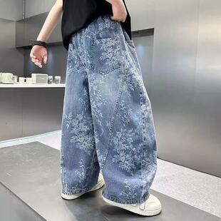 女童宽松裤 儿童休闲阔腿裤 子 中大童提花舒适弯刀裤 男童春秋牛仔裤